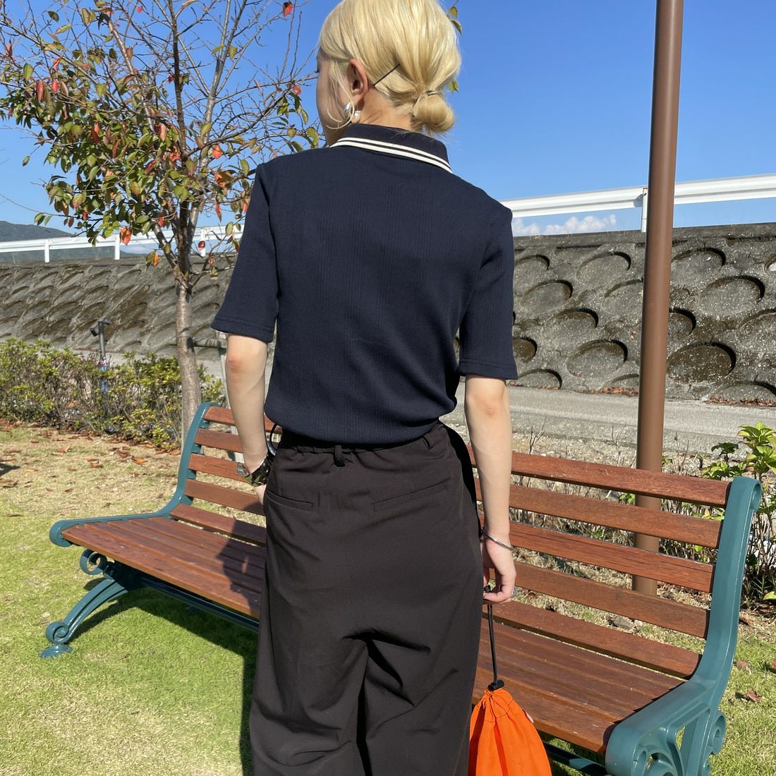 FRED PERRY [フレッドペリー] 別注 ツインティップライン リブポロシャツ [FPW-25S-009-JF] NVY/OAT &&モデル身長：150cm 着用サイズ：8&&