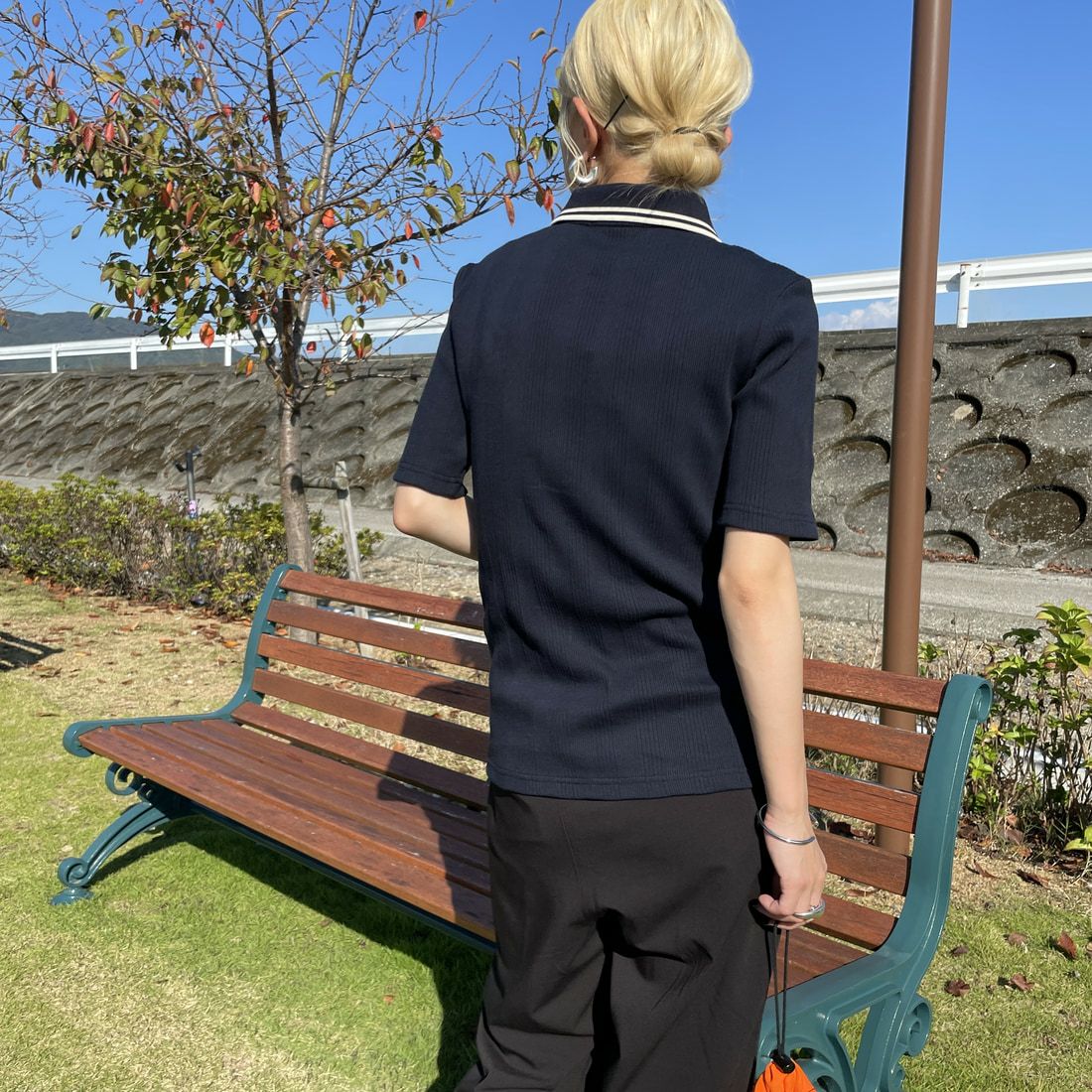 FRED PERRY [フレッドペリー] 別注 ツインティップライン リブポロシャツ [FPW-25S-009-JF] NVY/OAT &&モデル身長：150cm 着用サイズ：8&&