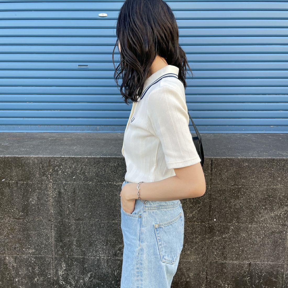 FRED PERRY [フレッドペリー] 別注 ツインティップライン リブポロシャツ [FPW-25S-009-JF] ECR/BLU &&モデル身長：160cm 着用サイズ：10&&