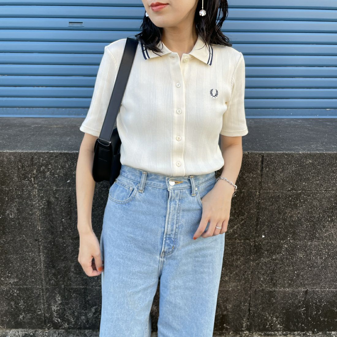 FRED PERRY [フレッドペリー] 別注 ツインティップライン リブポロシャツ [FPW-25S-009-JF] ECR/BLU &&モデル身長：160cm 着用サイズ：10&&