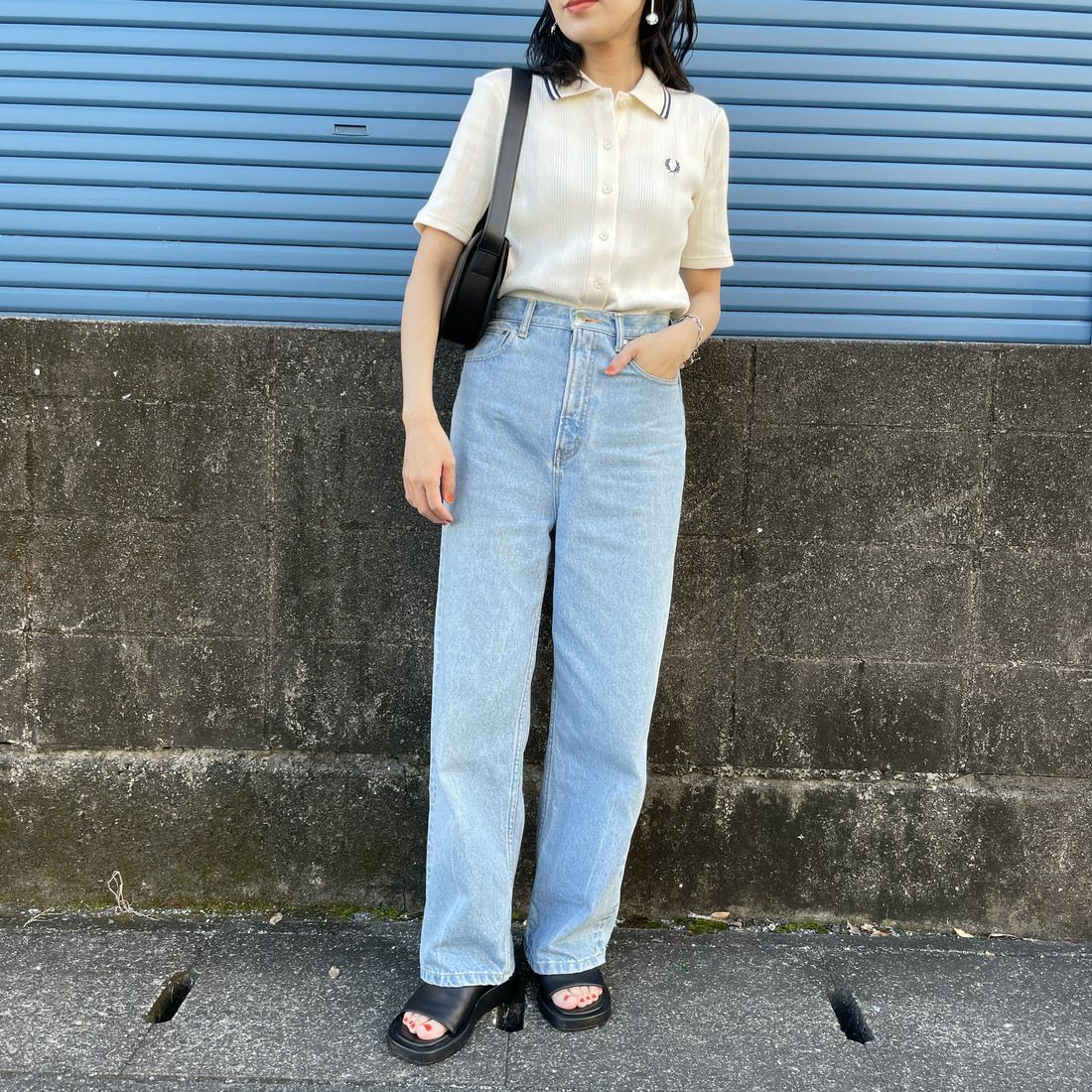 FRED PERRY [フレッドペリー] 別注 ツインティップライン リブポロシャツ [FPW-25S-009-JF] ECR/BLU &&モデル身長：160cm 着用サイズ：10&&