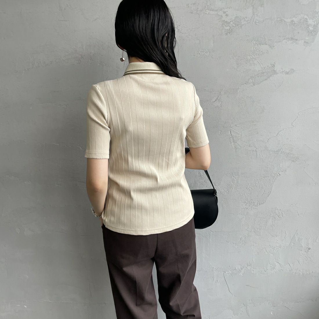 FRED PERRY [フレッドペリー] 別注 ツインティップライン リブポロシャツ [FPW-25S-009-JF] OAT/SHADE &&モデル身長：160cm 着用サイズ：8&&
