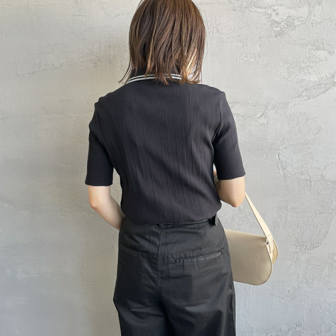 FRED PERRY [フレッドペリー] 別注 ツインティップライン リブポロシャツ [FPW-25S-009-JF] BLK/SLV &&モデル身長：158cm 着用サイズ：10&&