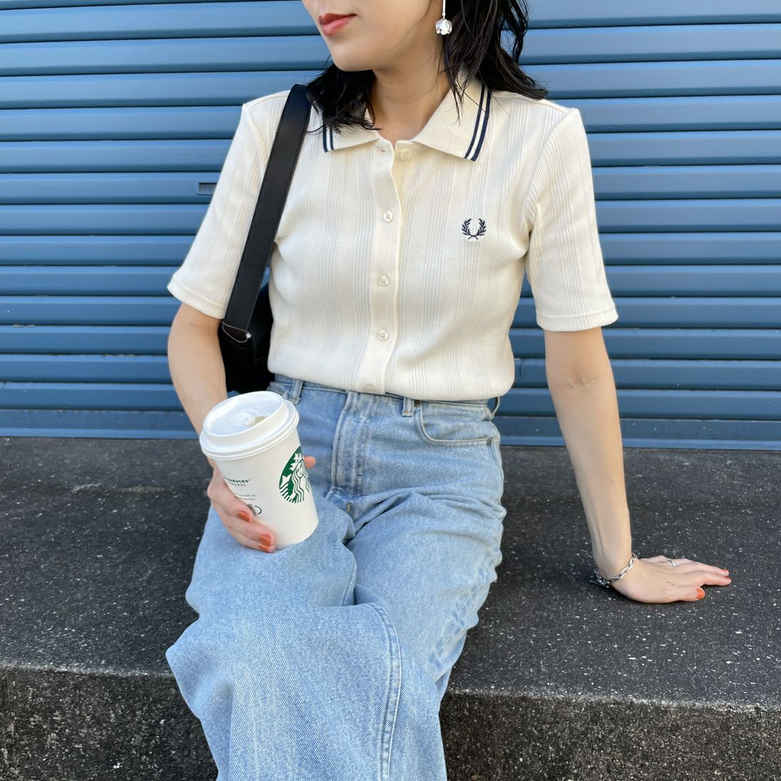 FRED PERRY [フレッドペリー] 別注 ツインティップライン リブポロシャツ [FPW-25S-009-JF] ECR/BLU &&モデル身長：160cm 着用サイズ：10&&