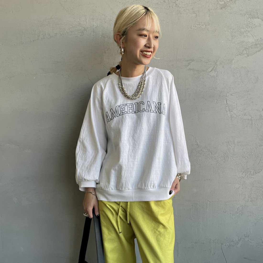 Americana × JEANS FACTORY [アメリカーナ × ジーンズファクトリー] 別注 7分袖 ラグランスリーブプリントTシャツ [ASO-777-1-JF] ﾎﾜｲﾄ &&モデル身長：150cm 着用サイズ：ONE SIZE&&