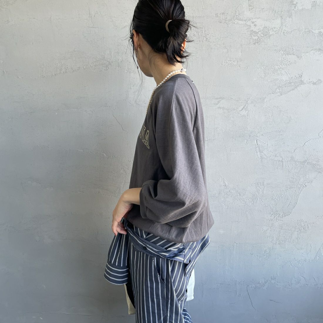 Americana × JEANS FACTORY [アメリカーナ × ジーンズファクトリー] 別注 7分袖 ラグランスリーブプリントTシャツ [ASO-777-1-JF] ﾁｬｺｰﾙ &&モデル身長：160cm 着用サイズ：ONE SIZE&&