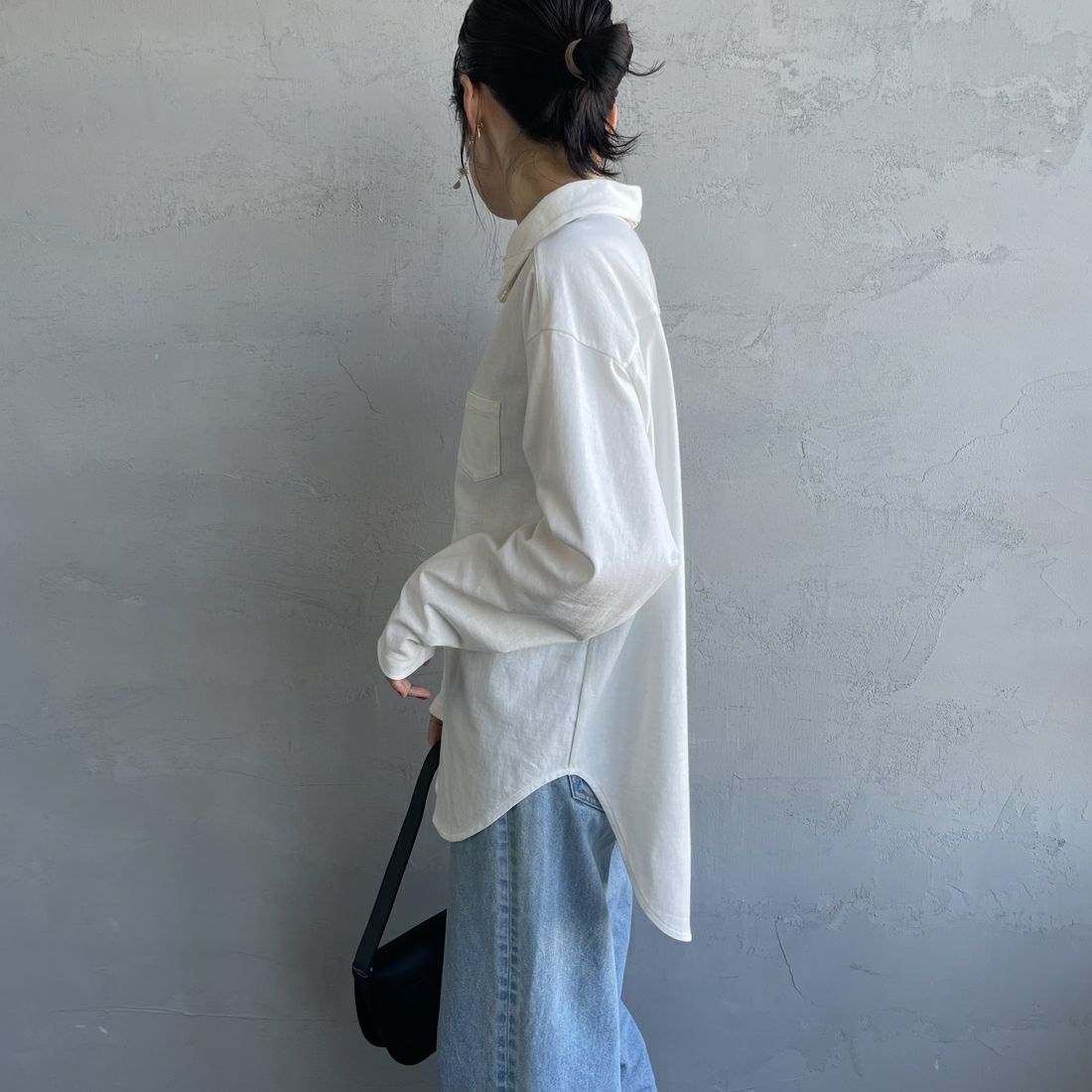 Americana × JEANS FACTORY [アメリカーナ × ジーンズファクトリー] 別注 ワンポイントロゴ刺繍 コットンジャージーポロ襟カットソーシャツ [ASO-778-1-JF] ﾎﾜｲﾄ &&モデル身長：160cm 着用サイズ：ONE SIZE&&