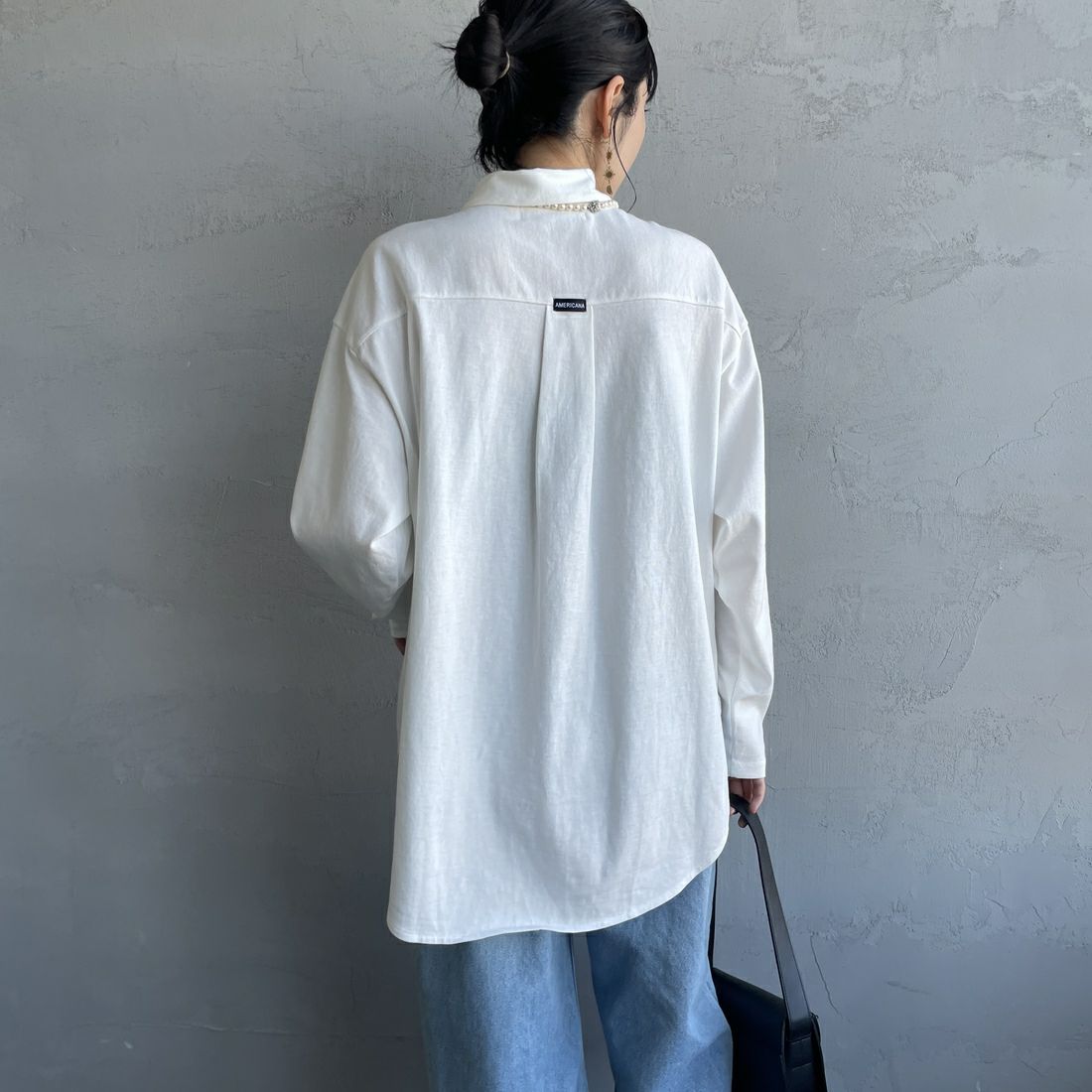 Americana × JEANS FACTORY [アメリカーナ × ジーンズファクトリー] 別注 ワンポイントロゴ刺繍 コットンジャージーポロ襟カットソーシャツ [ASO-778-1-JF] ﾎﾜｲﾄ &&モデル身長：160cm 着用サイズ：ONE SIZE&&