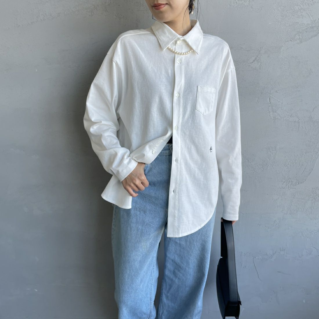 Americana × JEANS FACTORY [アメリカーナ × ジーンズファクトリー] 別注 ワンポイントロゴ刺繍 コットンジャージーポロ襟カットソーシャツ [ASO-778-1-JF] ﾎﾜｲﾄ &&モデル身長：160cm 着用サイズ：ONE SIZE&&