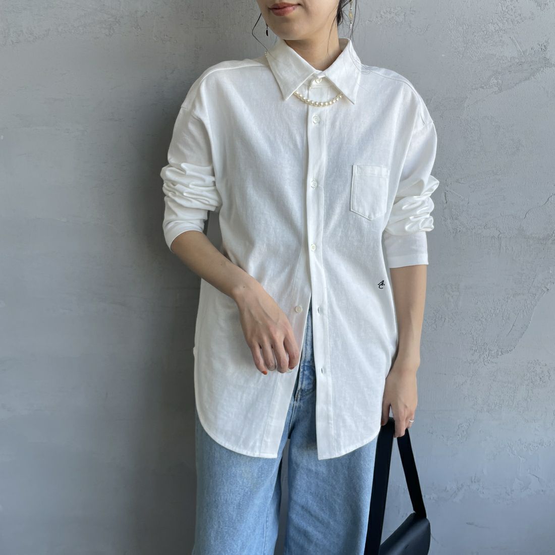 Americana × JEANS FACTORY [アメリカーナ × ジーンズファクトリー] 別注 ワンポイントロゴ刺繍 コットンジャージーポロ襟カットソーシャツ [ASO-778-1-JF] ﾎﾜｲﾄ &&モデル身長：160cm 着用サイズ：ONE SIZE&&