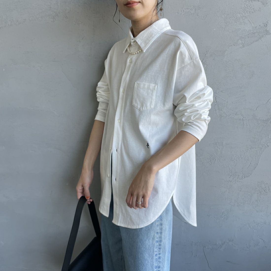 Americana × JEANS FACTORY [アメリカーナ × ジーンズファクトリー] 別注 ワンポイントロゴ刺繍 コットンジャージーポロ襟カットソーシャツ [ASO-778-1-JF] ﾎﾜｲﾄ &&モデル身長：160cm 着用サイズ：ONE SIZE&&