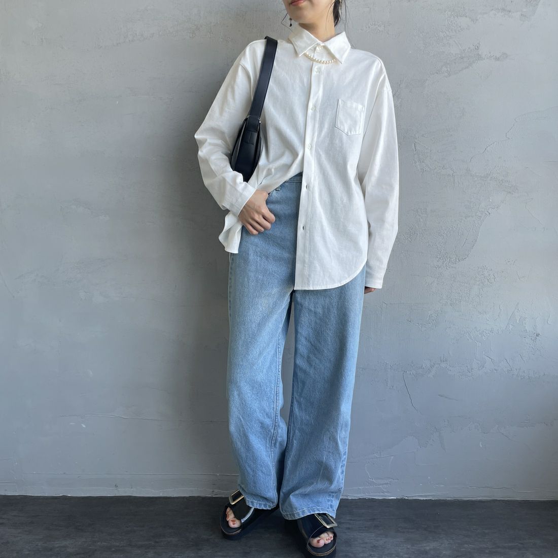 Americana × JEANS FACTORY [アメリカーナ × ジーンズファクトリー] 別注 ワンポイントロゴ刺繍 コットンジャージーポロ襟カットソーシャツ [ASO-778-1-JF] ﾎﾜｲﾄ &&モデル身長：160cm 着用サイズ：ONE SIZE&&