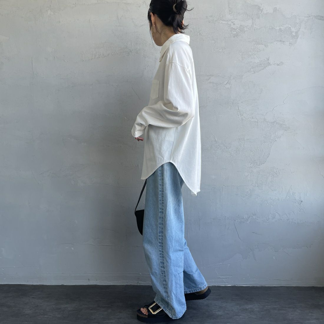 Americana × JEANS FACTORY [アメリカーナ × ジーンズファクトリー] 別注 ワンポイントロゴ刺繍 コットンジャージーポロ襟カットソーシャツ [ASO-778-1-JF] ﾎﾜｲﾄ &&モデル身長：160cm 着用サイズ：ONE SIZE&&