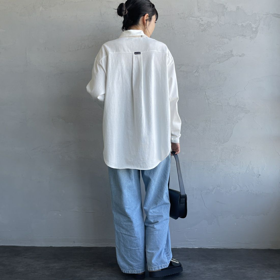 Americana × JEANS FACTORY [アメリカーナ × ジーンズファクトリー] 別注 ワンポイントロゴ刺繍 コットンジャージーポロ襟カットソーシャツ [ASO-778-1-JF] ﾎﾜｲﾄ &&モデル身長：160cm 着用サイズ：ONE SIZE&&