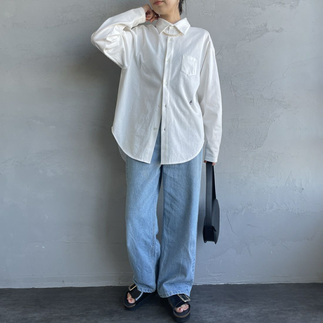 Americana × JEANS FACTORY [アメリカーナ × ジーンズファクトリー] 別注 ワンポイントロゴ刺繍 コットンジャージーポロ襟カットソーシャツ [ASO-778-1-JF] ﾎﾜｲﾄ &&モデル身長：160cm 着用サイズ：ONE SIZE&&