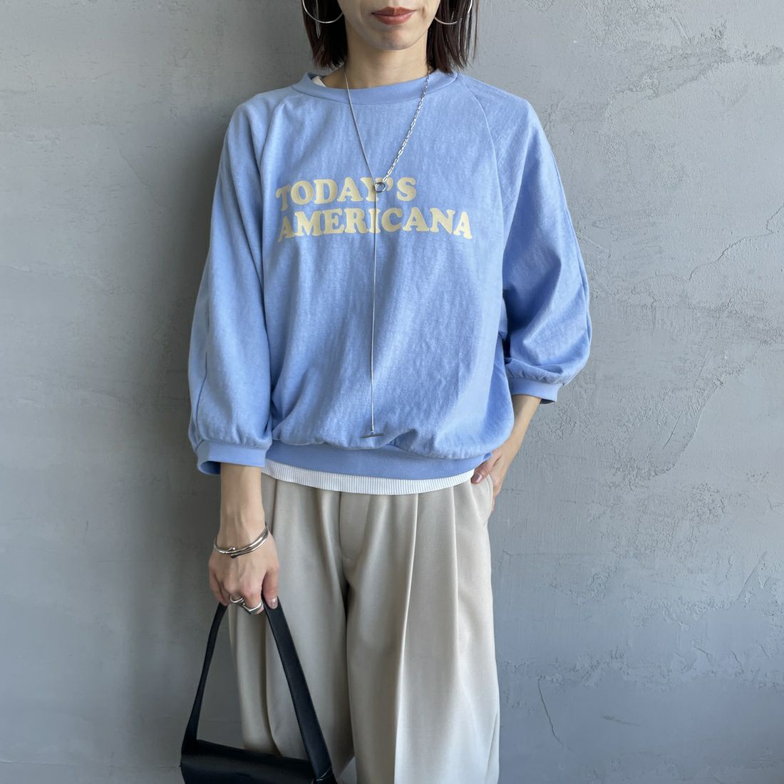 Americana × JEANS FACTORY [アメリカーナ × ジーンズファクトリー] 別注 7分袖 ラグランスリーブプリントTシャツ [ASO-777-2-JF] ｻｯｸｽ &&モデル身長：158cm 着用サイズ：ONE SIZE&&