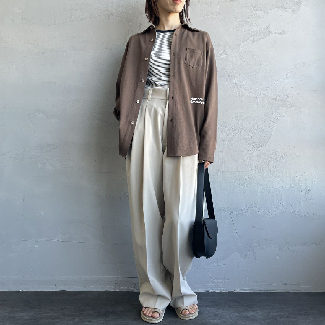 Americana × JEANS FACTORY [アメリカーナ × ジーンズファクトリー] 別注 コットンジャージー ポロ襟カットソーシャツ [ASO-778-2-JF] ﾌﾞﾗｳﾝ &&モデル身長：158cm 着用サイズ：ONE SIZE&&