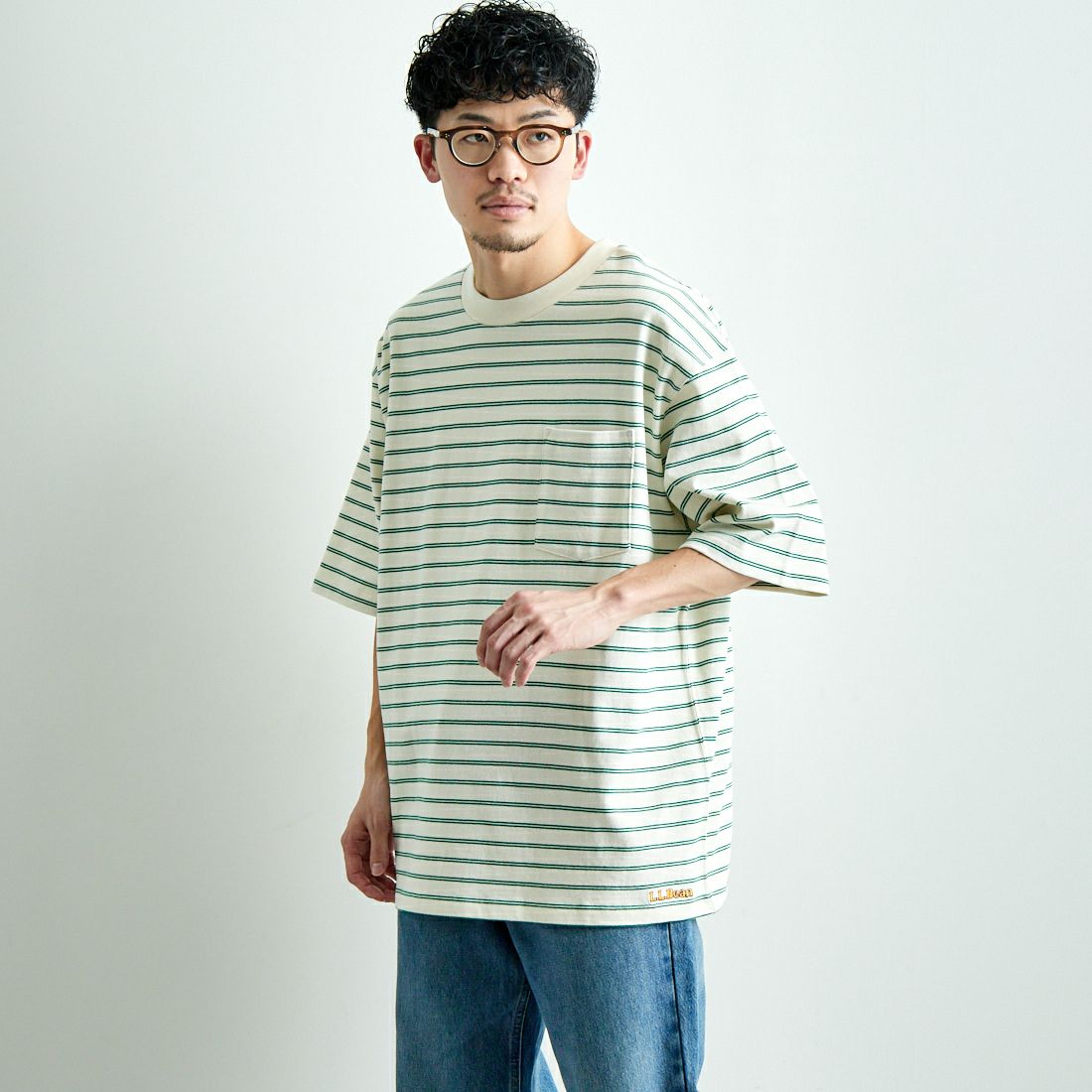 L.L.BEAN [エルエルビーン] Union ショートスリーブボーダーTシャツ [5275-0039] 92 O.WH/GR &&モデル身長：168cm 着用サイズ：L&&