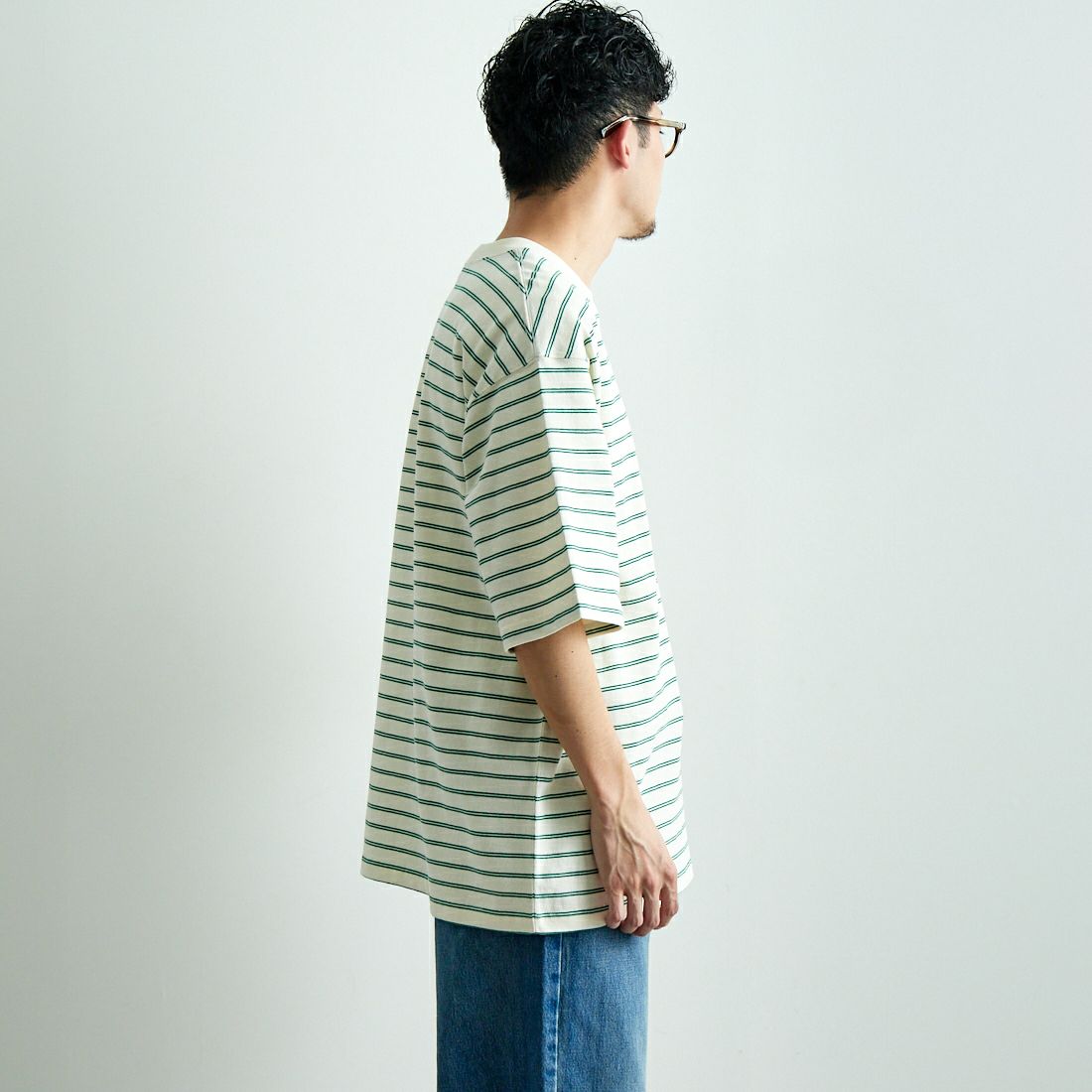 L.L.BEAN [エルエルビーン] Union ショートスリーブボーダーTシャツ [5275-0039] 92 O.WH/GR &&モデル身長：168cm 着用サイズ：L&&