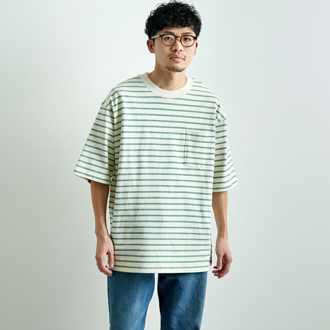 L.L.BEAN [エルエルビーン] Union ショートスリーブボーダーTシャツ [5275-0039] 92 O.WH/GR &&モデル身長：168cm 着用サイズ：L&&