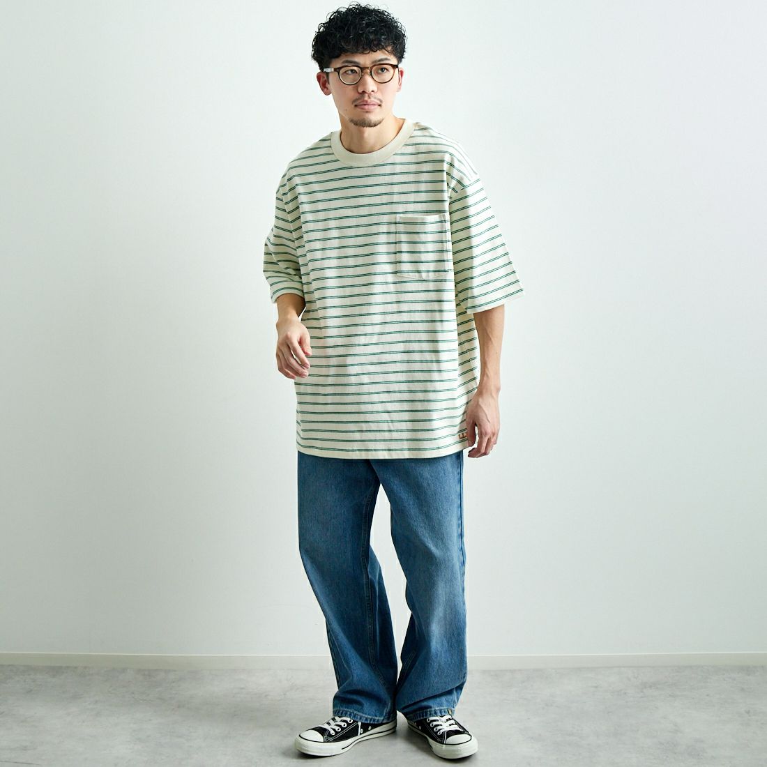 L.L.BEAN [エルエルビーン] Union ショートスリーブボーダーTシャツ [5275-0039] 92 O.WH/GR &&モデル身長：168cm 着用サイズ：L&&