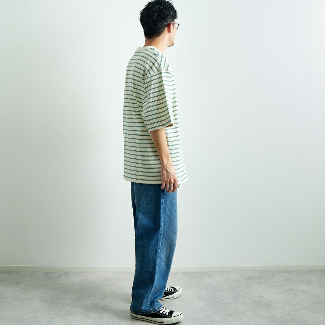L.L.BEAN [エルエルビーン] Union ショートスリーブボーダーTシャツ [5275-0039] 92 O.WH/GR &&モデル身長：168cm 着用サイズ：L&&
