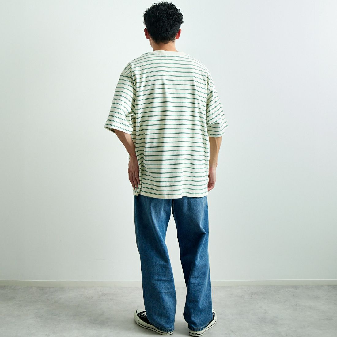 L.L.BEAN [エルエルビーン] Union ショートスリーブボーダーTシャツ [5275-0039] 92 O.WH/GR &&モデル身長：168cm 着用サイズ：L&&