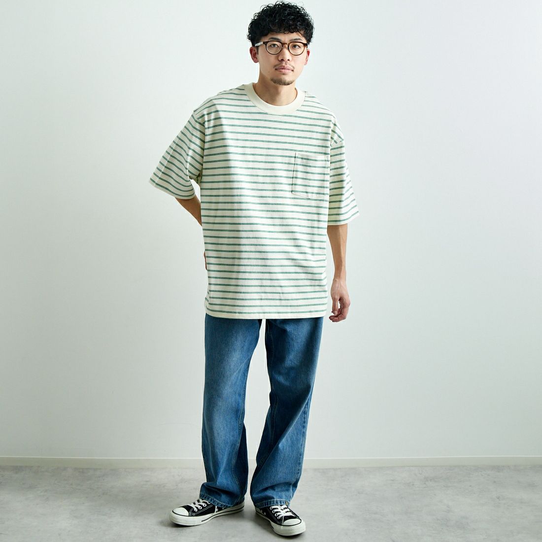 L.L.BEAN [エルエルビーン] Union ショートスリーブボーダーTシャツ [5275-0039] 92 O.WH/GR &&モデル身長：168cm 着用サイズ：L&&