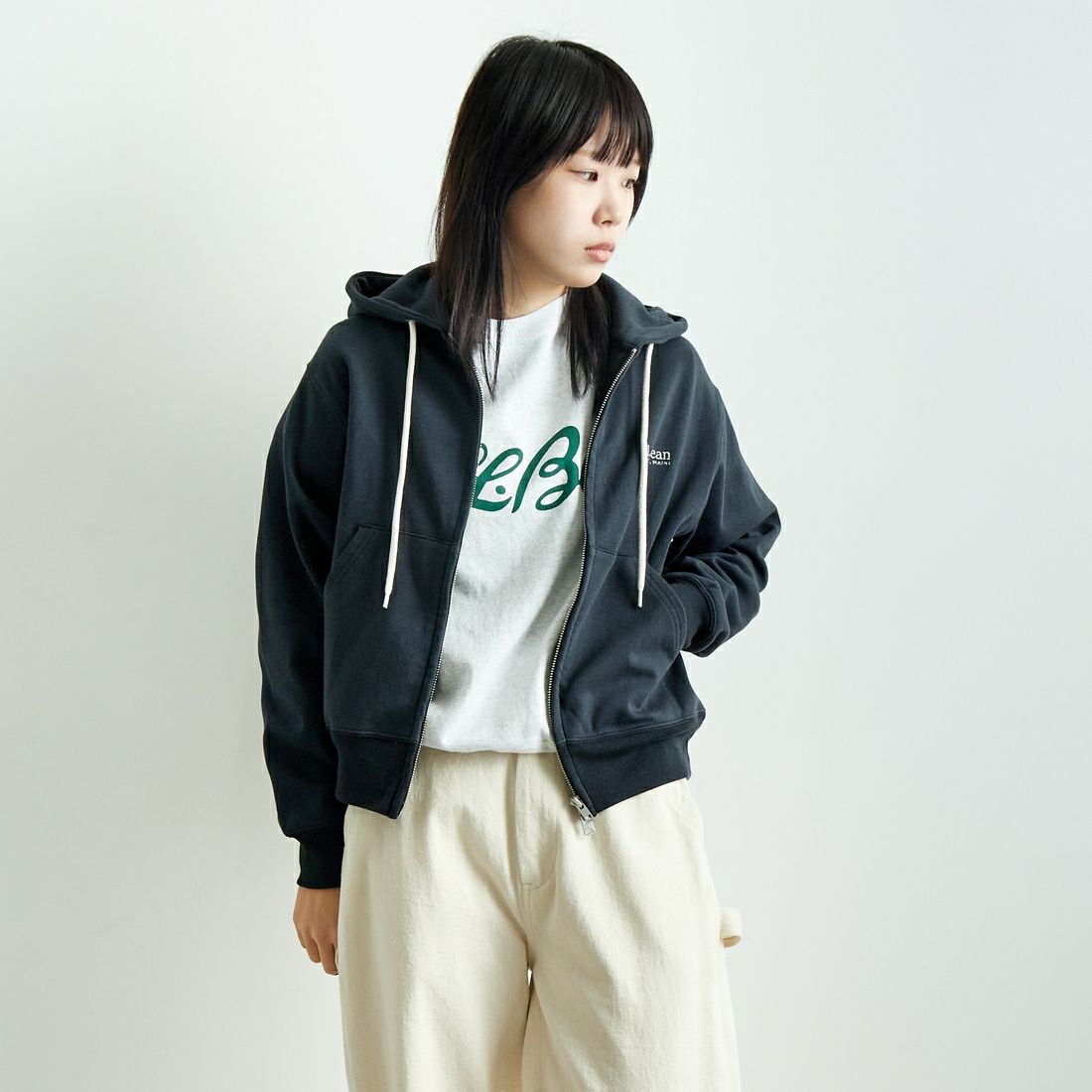 L.L.BEAN [エルエルビーン] PORTAGE フルジップフーデッドスウェット [5175-9181] 48 DK.CHAR &&モデル身長：167cm 着用サイズ：M&&