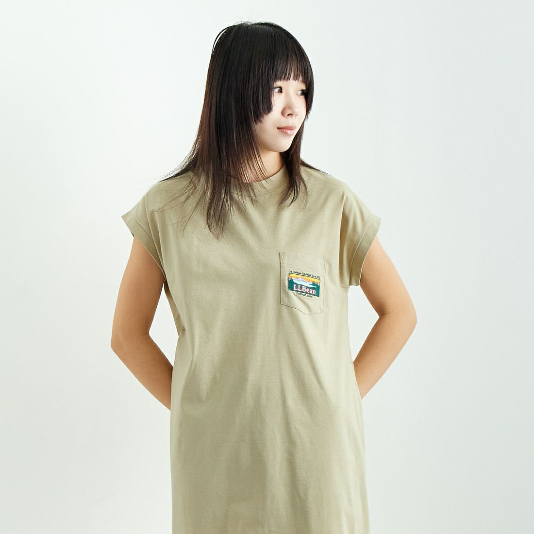 L.L.BEAN [エルエルビーン] サマーショートスリーブドレス [5275-0148] 18 TAN &&モデル身長：167cm 着用サイズ：M&&