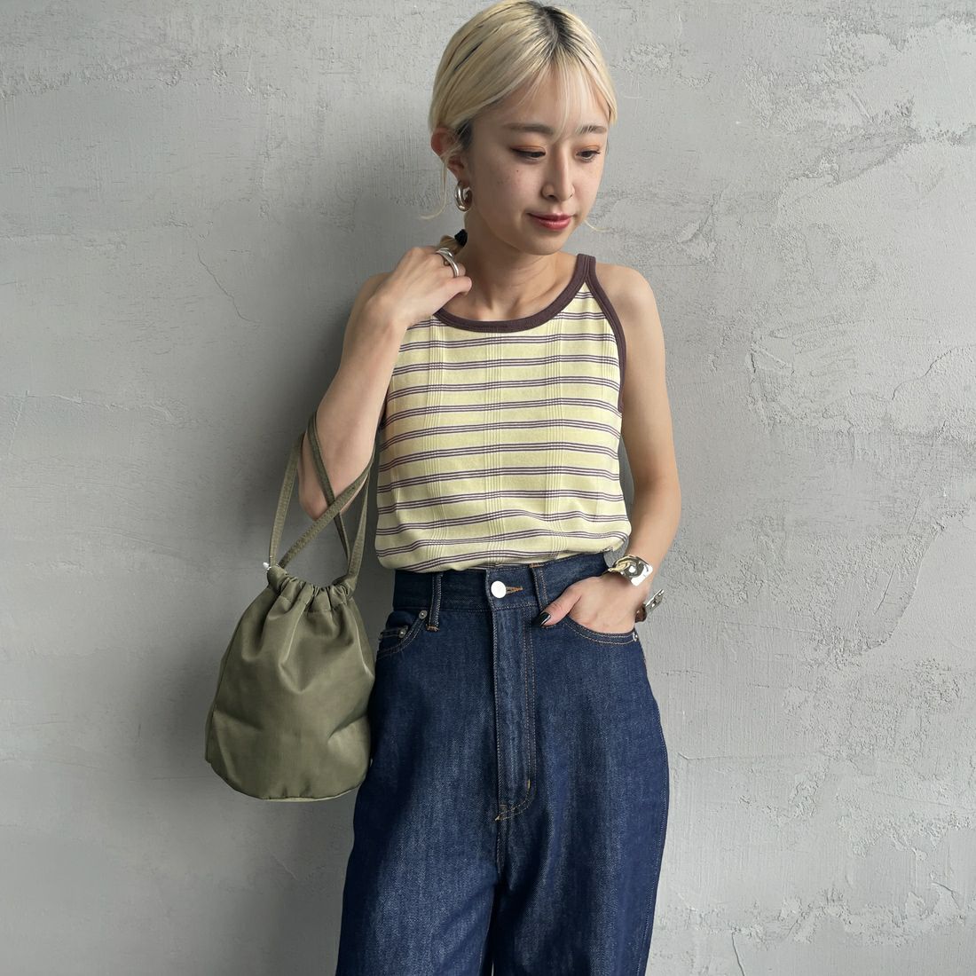 Robert P.Miller [ロバートピーミラー] 別注 配色 アメリカンスリーブパネルリブタンクトップ [RM251-2143IN-JF] BANANA &&モデル身長：150cm 着用サイズ：F&&