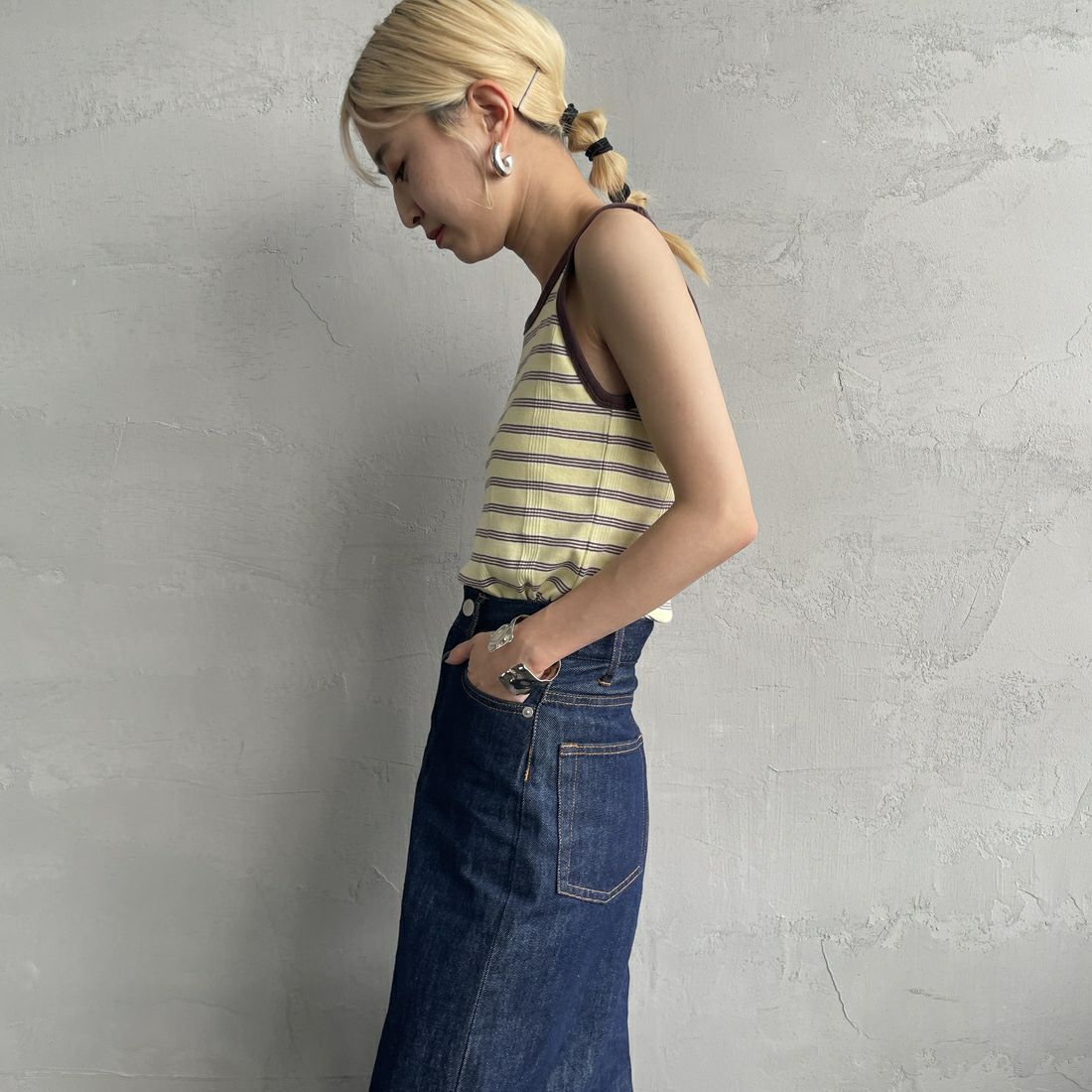 Robert P.Miller [ロバートピーミラー] 別注 配色 アメリカンスリーブパネルリブタンクトップ [RM251-2143IN-JF] BANANA &&モデル身長：150cm 着用サイズ：F&&