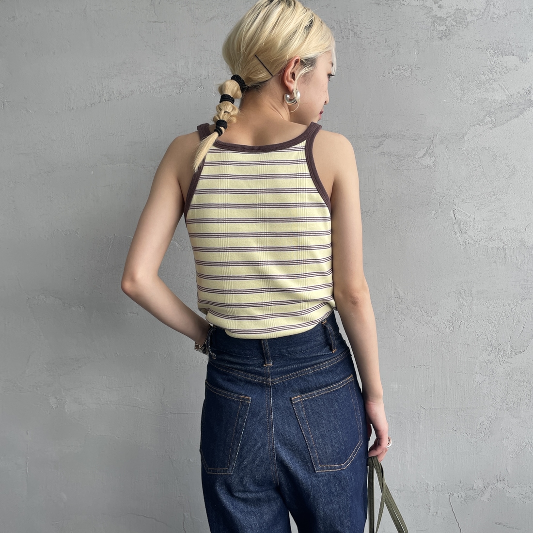 Robert P.Miller [ロバートピーミラー] 別注 配色 アメリカンスリーブパネルリブタンクトップ [RM251-2143IN-JF] BANANA &&モデル身長：150cm 着用サイズ：F&&