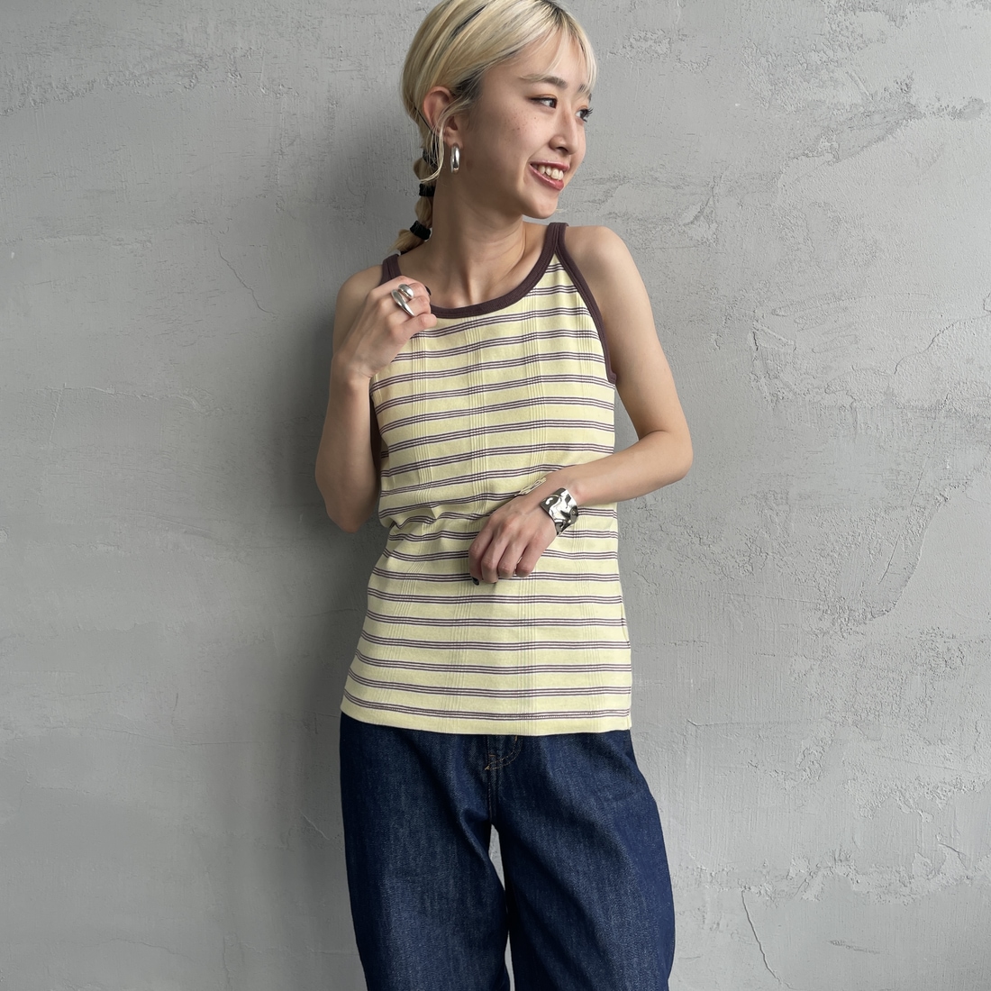 Robert P.Miller [ロバートピーミラー] 別注 配色 アメリカンスリーブパネルリブタンクトップ [RM251-2143IN-JF] BANANA &&モデル身長：150cm 着用サイズ：F&&