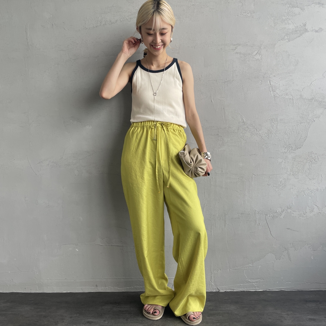 Robert P.Miller [ロバートピーミラー] 別注 配色 アメリカンスリーブパネルリブタンクトップ [RM251-2143IN-JF] IVORY &&モデル身長：150cm 着用サイズ：F&&