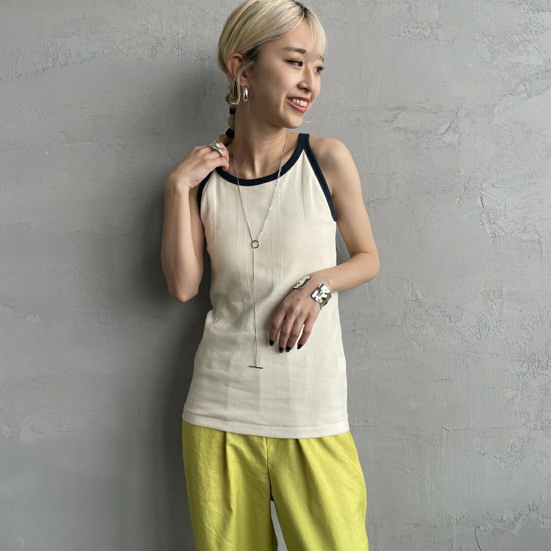 Robert P.Miller [ロバートピーミラー] 別注 配色 アメリカンスリーブパネルリブタンクトップ [RM251-2143IN-JF] IVORY &&モデル身長：150cm 着用サイズ：F&&