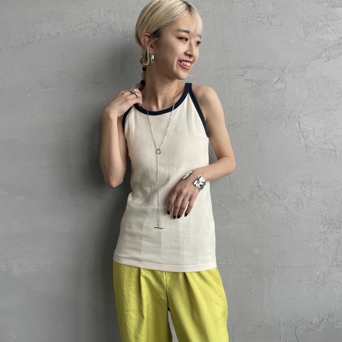 Robert P.Miller [ロバートピーミラー] 別注 配色 アメリカンスリーブパネルリブタンクトップ [RM251-2143IN-JF] IVORY &&モデル身長：150cm 着用サイズ：F&&