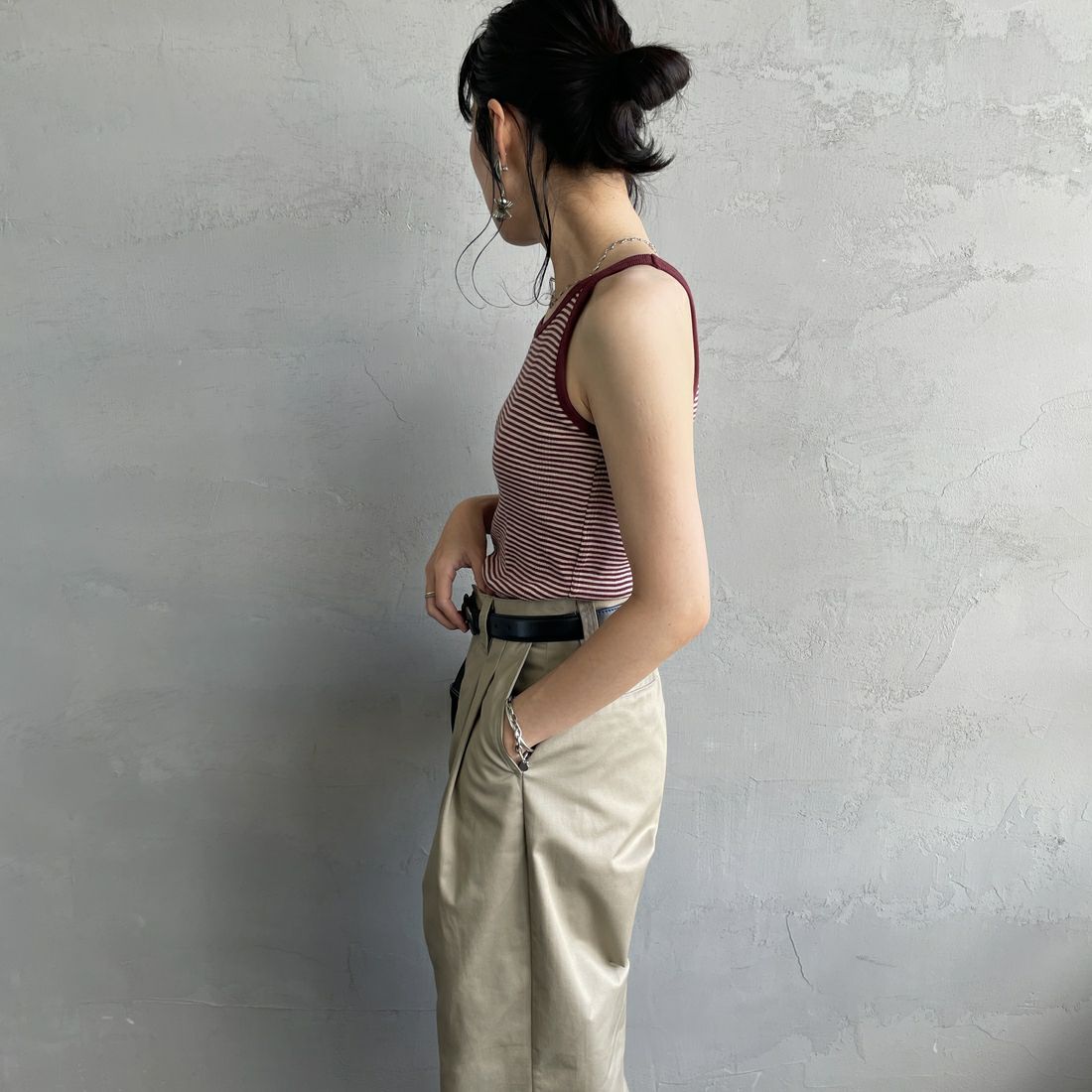 Robert P.Miller [ロバートピーミラー] 別注 配色 アメリカンスリーブパネルリブタンクトップ [RM251-2143IN-JF] CLAY &&モデル身長：160cm 着用サイズ：F&&