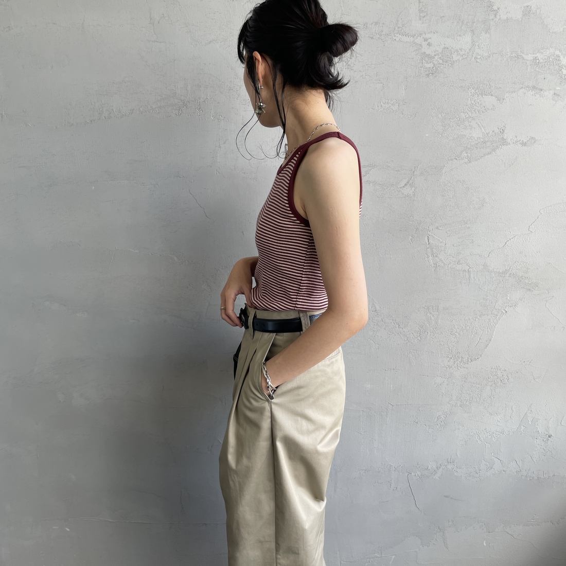 Robert P.Miller [ロバートピーミラー] 別注 配色 アメリカンスリーブパネルリブタンクトップ [RM251-2143IN-JF] CLAY &&モデル身長：160cm 着用サイズ：F&&
