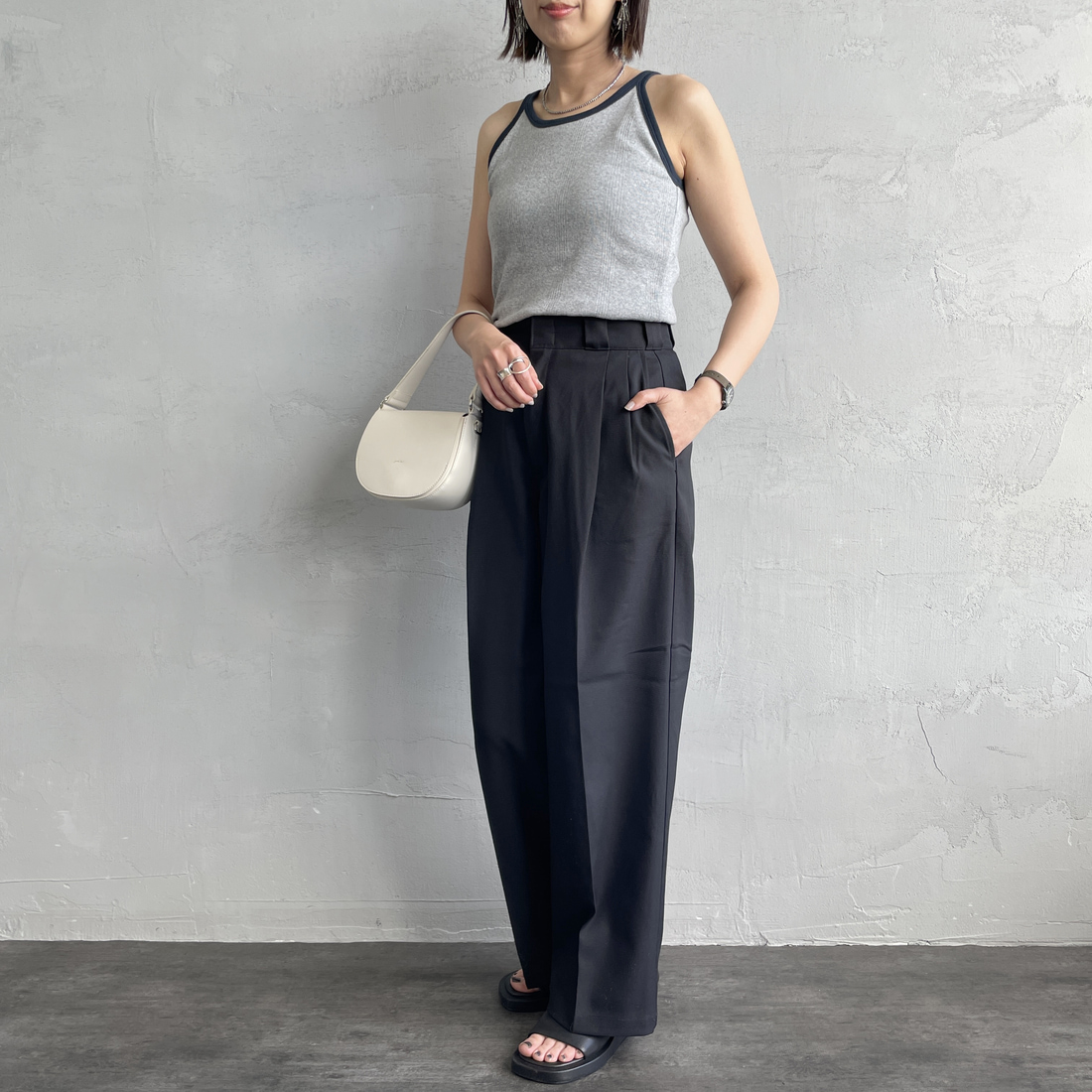 Robert P.Miller [ロバートピーミラー] 別注 配色 アメリカンスリーブパネルリブタンクトップ [RM251-2143IN-JF] H.GRAY &&モデル身長：159cm 着用サイズ：F&&