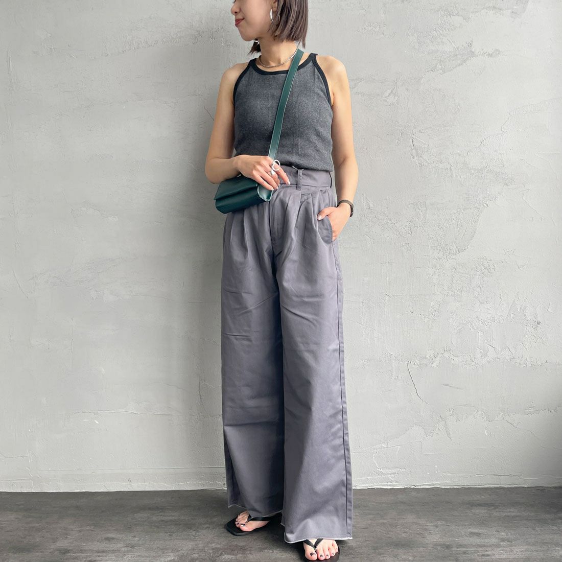 Robert P.Miller [ロバートピーミラー] 別注 配色 アメリカンスリーブパネルリブタンクトップ [RM251-2143IN-JF] STONE &&モデル身長：159cm 着用サイズ：F&&