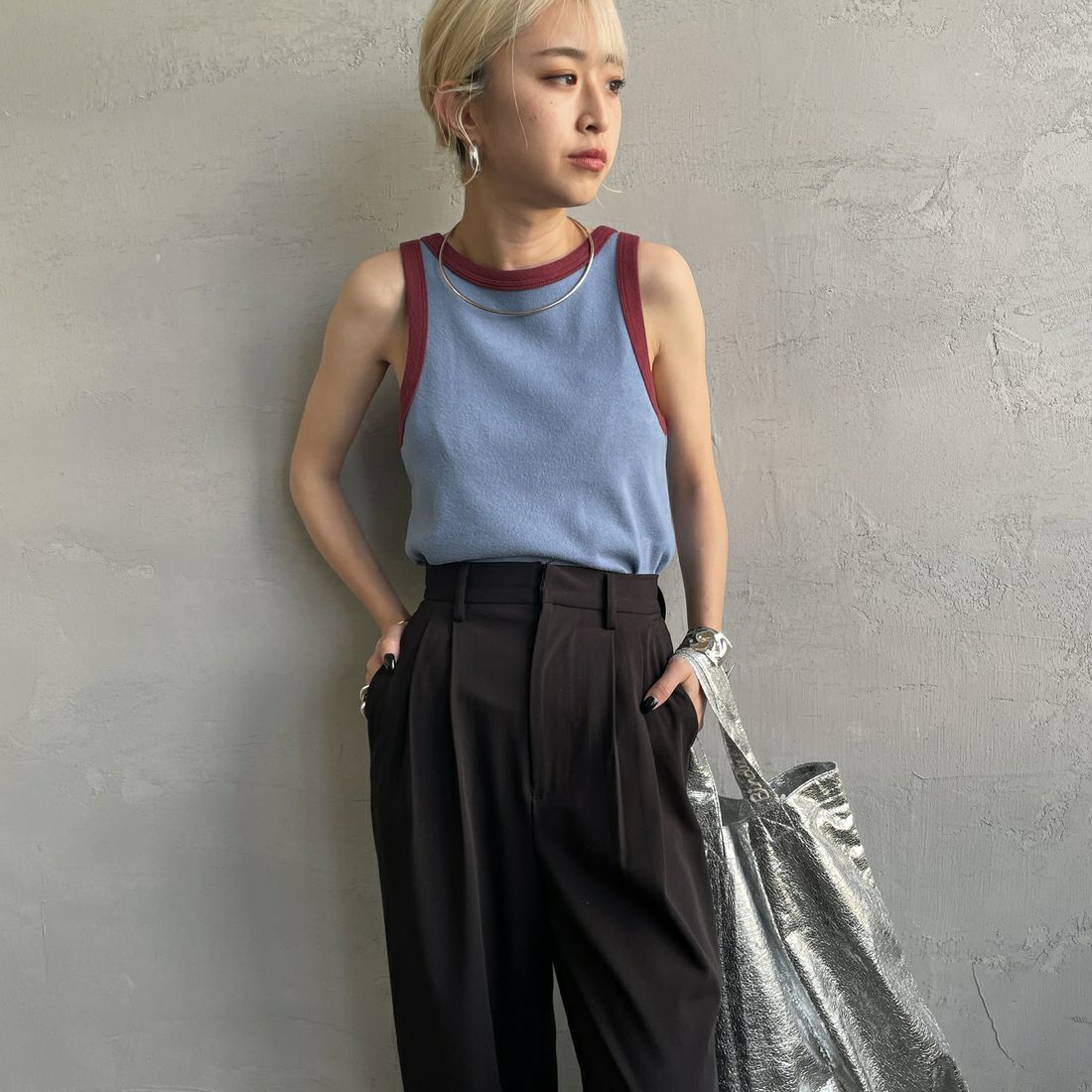 Noir Fabrik [ヌワールファブリック] コットンフライス アメリカンスリーブタンクトップ [IN-01-25SS] ｻｯｸｽ/ﾎﾞﾙﾄﾞ &&モデル身長：150cm 着用サイズ：1&&