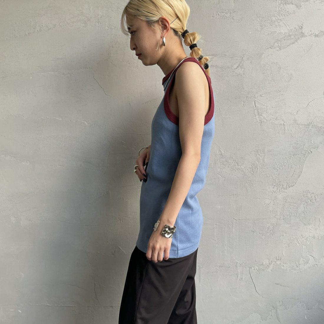 Noir Fabrik [ヌワールファブリック] コットンフライス アメリカンスリーブタンクトップ [IN-01-25SS] ｻｯｸｽ/ﾎﾞﾙﾄﾞ &&モデル身長：150cm 着用サイズ：1&&