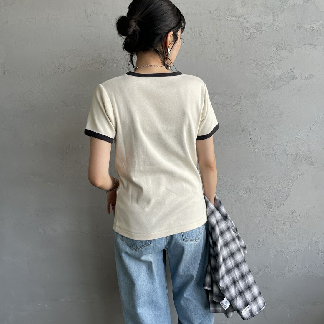 Noir Fabrik [ヌワールファブリック] コットンフライス クルーネックリンガーTシャツ [IN-02-25SS] ﾅﾁｭﾗﾙ/ｽﾐｸﾛ &&モデル身長：160cm 着用サイズ：1&&