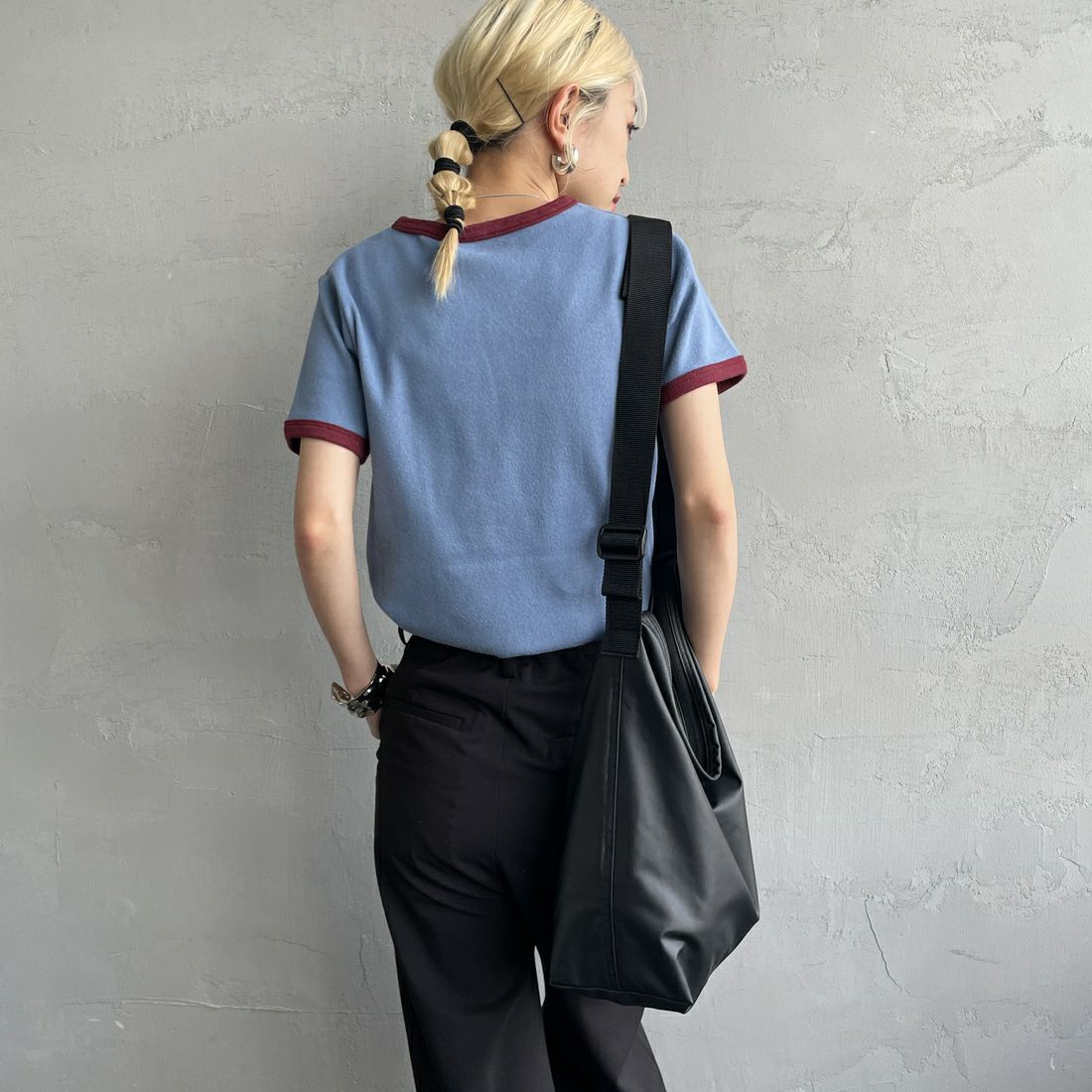 Noir Fabrik [ヌワールファブリック] コットンフライス クルーネックリンガーTシャツ [IN-02-25SS] ｻｯｸｽ/ﾎﾞﾙﾄﾞ &&モデル身長：150cm 着用サイズ：0&&