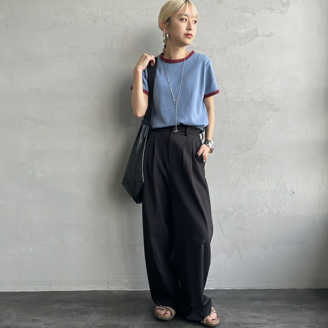 Noir Fabrik [ヌワールファブリック] コットンフライス クルーネックリンガーTシャツ [IN-02-25SS] ｻｯｸｽ/ﾎﾞﾙﾄﾞ &&モデル身長：150cm 着用サイズ：0&&