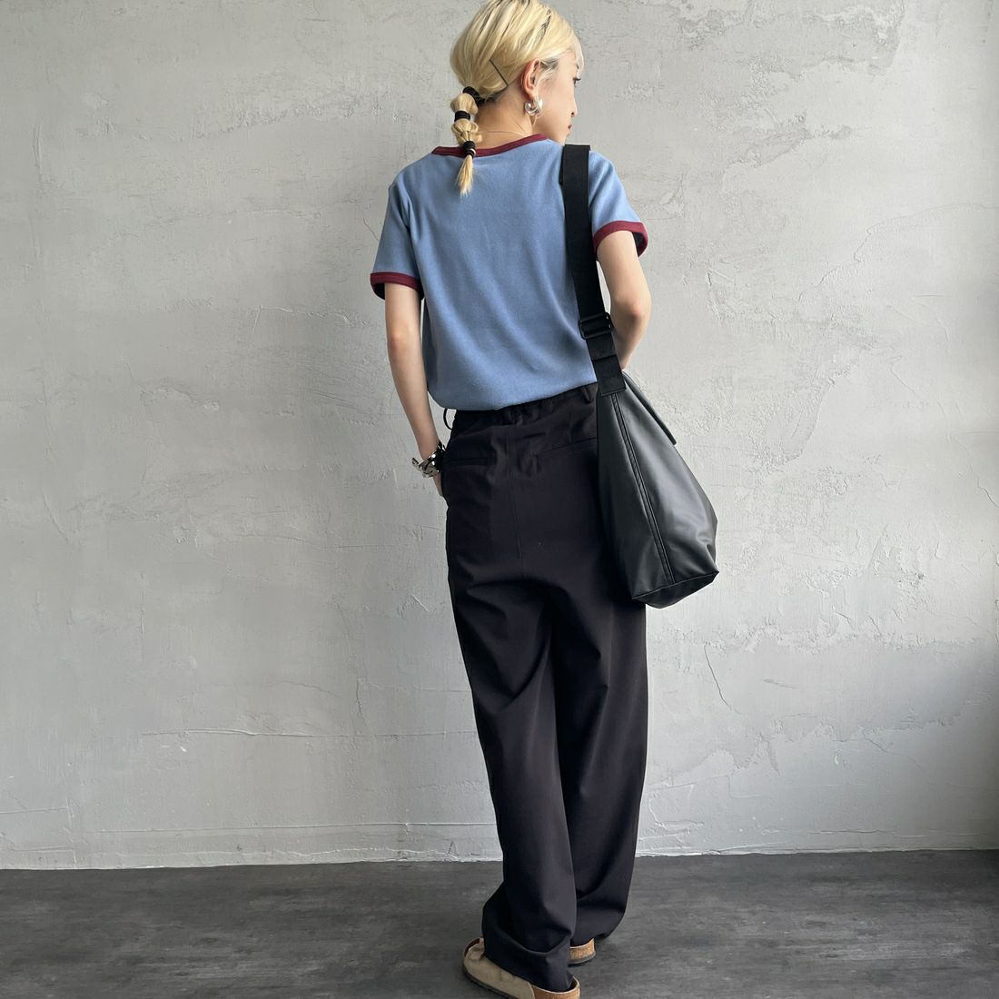 Noir Fabrik [ヌワールファブリック] コットンフライス クルーネックリンガーTシャツ [IN-02-25SS] ｻｯｸｽ/ﾎﾞﾙﾄﾞ &&モデル身長：150cm 着用サイズ：0&&