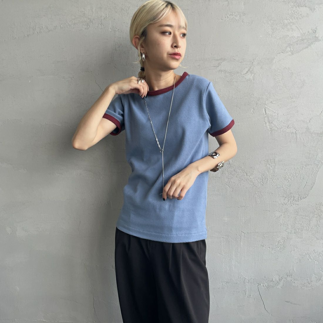 Noir Fabrik [ヌワールファブリック] コットンフライス クルーネックリンガーTシャツ [IN-02-25SS] ｻｯｸｽ/ﾎﾞﾙﾄﾞ &&モデル身長：150cm 着用サイズ：0&&