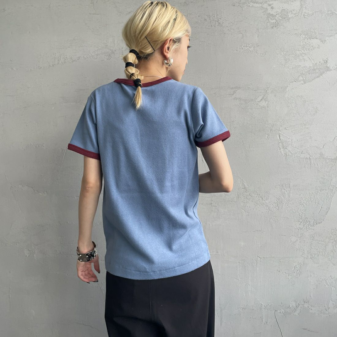 Noir Fabrik [ヌワールファブリック] コットンフライス クルーネックリンガーTシャツ [IN-02-25SS] ｻｯｸｽ/ﾎﾞﾙﾄﾞ &&モデル身長：150cm 着用サイズ：0&&