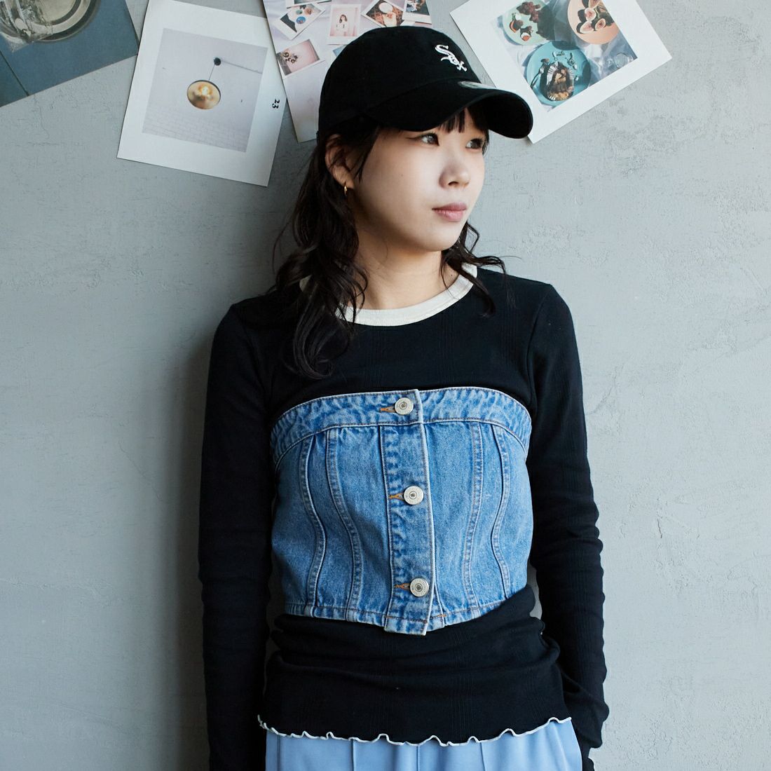 NEEDBY heritage [ニードバイヘリテージ] STEPHANIE デニムビスチェ [N1C902437IMB] I-MD BLUE &&モデル身長：167cm 着用サイズ：1&&